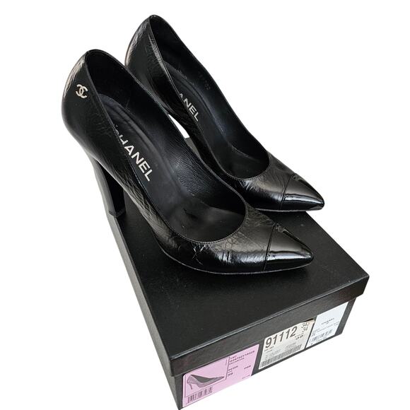 Chanel CC Patent Leather Pointed Cap Toe Pump Heel Size 39 US 8 8.5 Black Silver - Picture 11 of 13